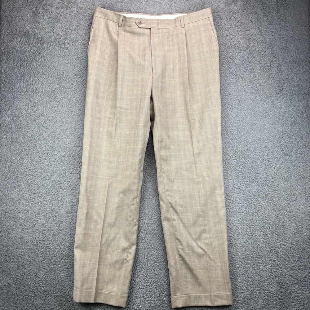 Hart Schaffner Marx‎ Mens 38 Brown Plaid 100% Wool Pleated Cuffed Dress Pants